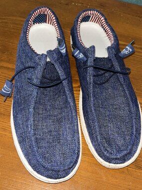 Navy Blue Canvas American Flag Slip-On Shoes Elastic Pull String Mens Sz 12 (47)